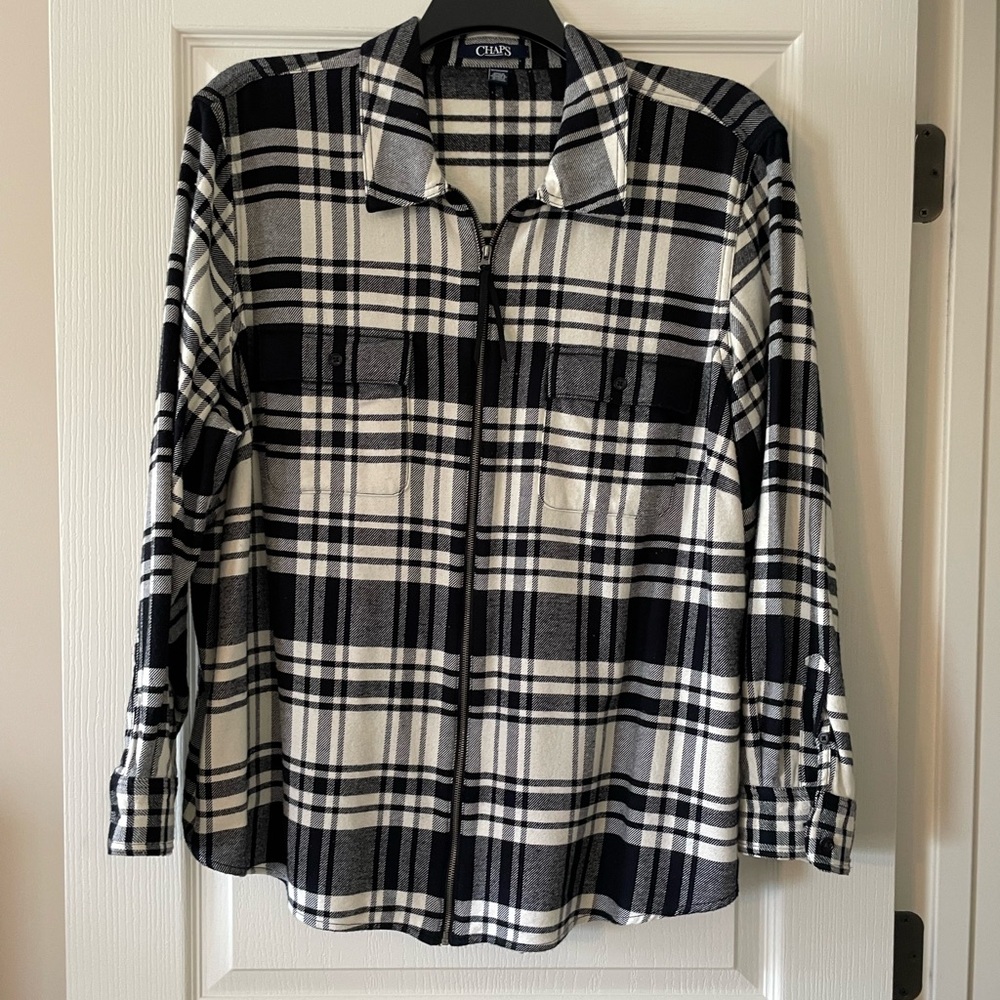 Chaps Black and White Plaid Casual Zipper Layering Shirt